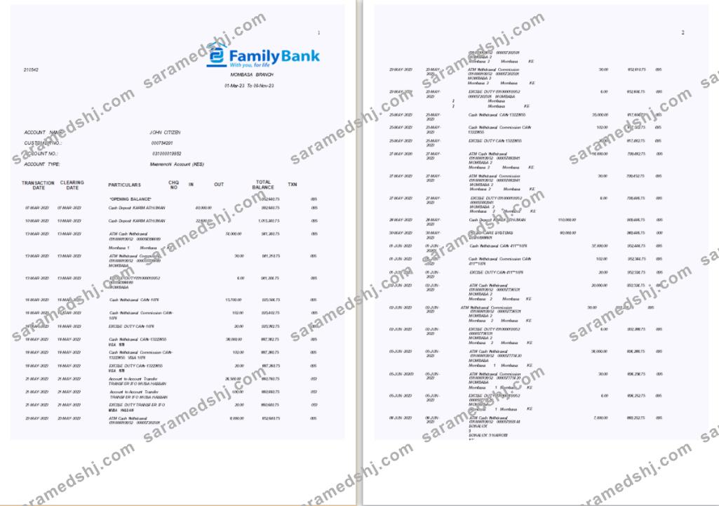 Kenya Family bank statement Word and PDF template, 7 pages